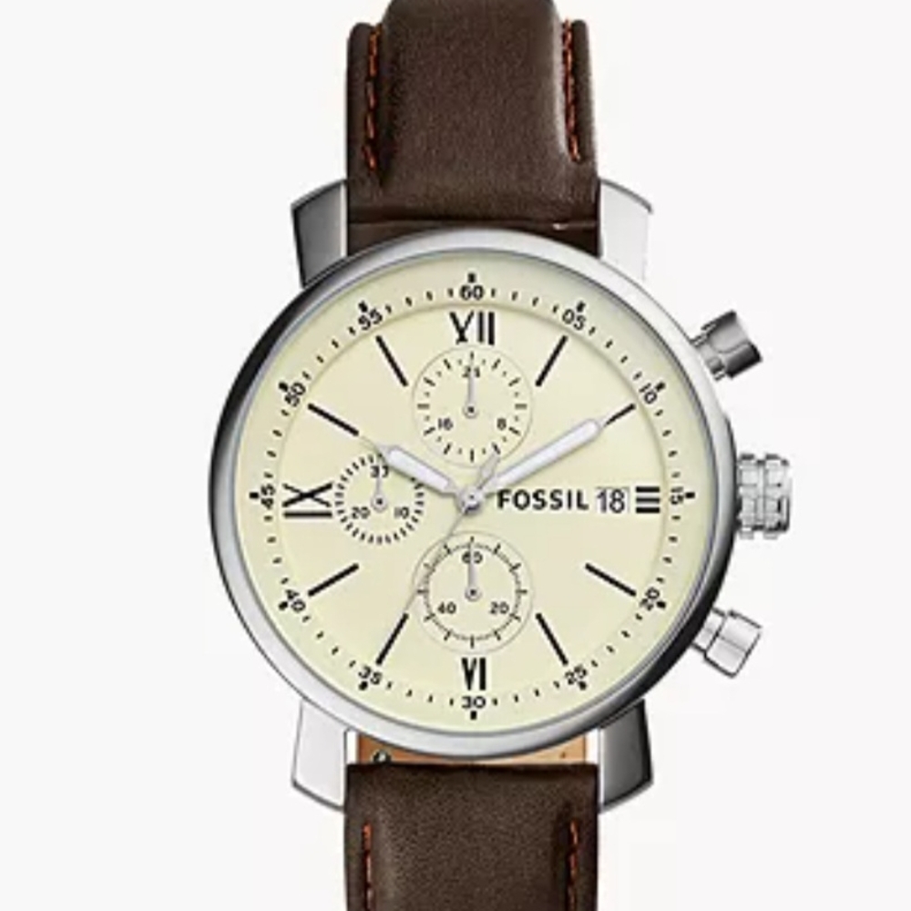 Fossil Silver and Cream Watch with Brown Leather Strap - Picture 2 of 5